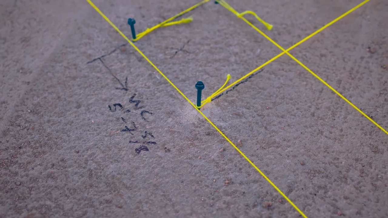 A concrete floor with yellow string lines, two blue pins and handwritten marks.