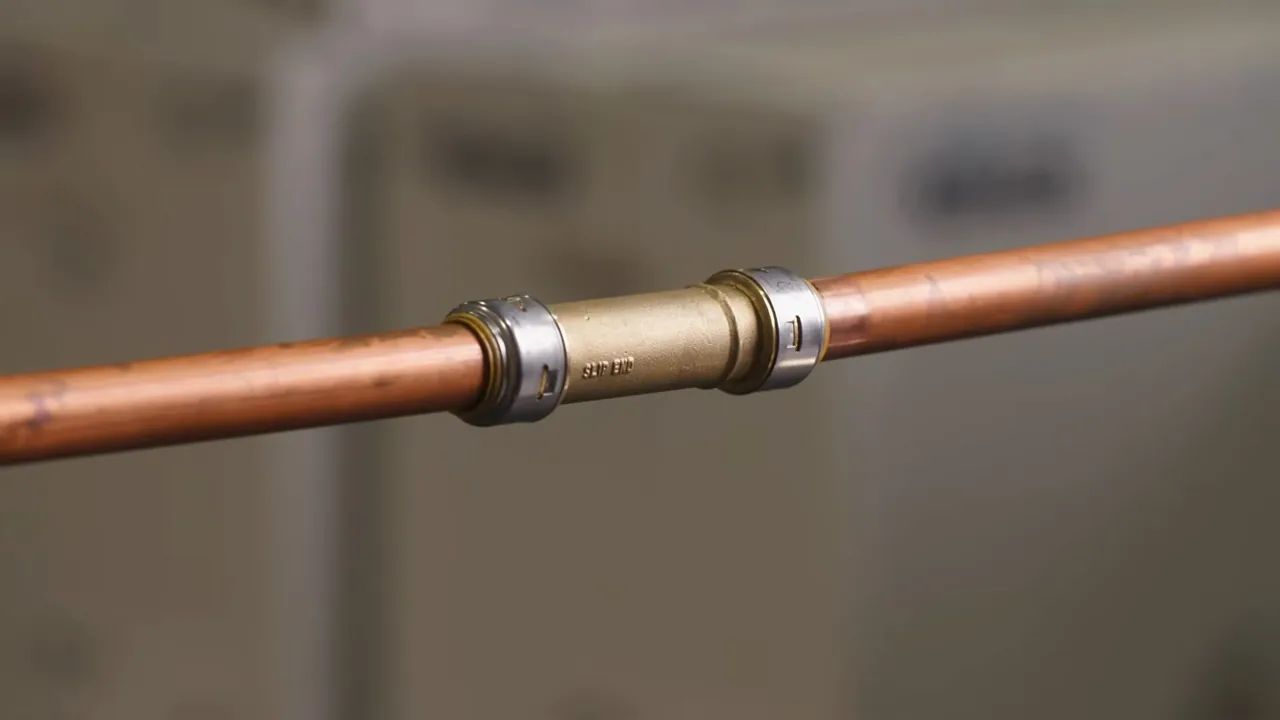 A length of copper pipe with a brass coupling joining two sections.