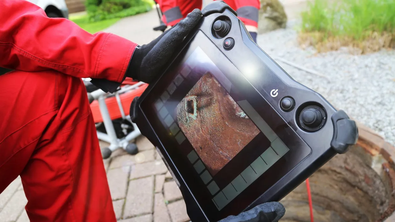 A technician in a red suit holding a camera monitor that shows the inside of a pipe, with a brick walkway behind.