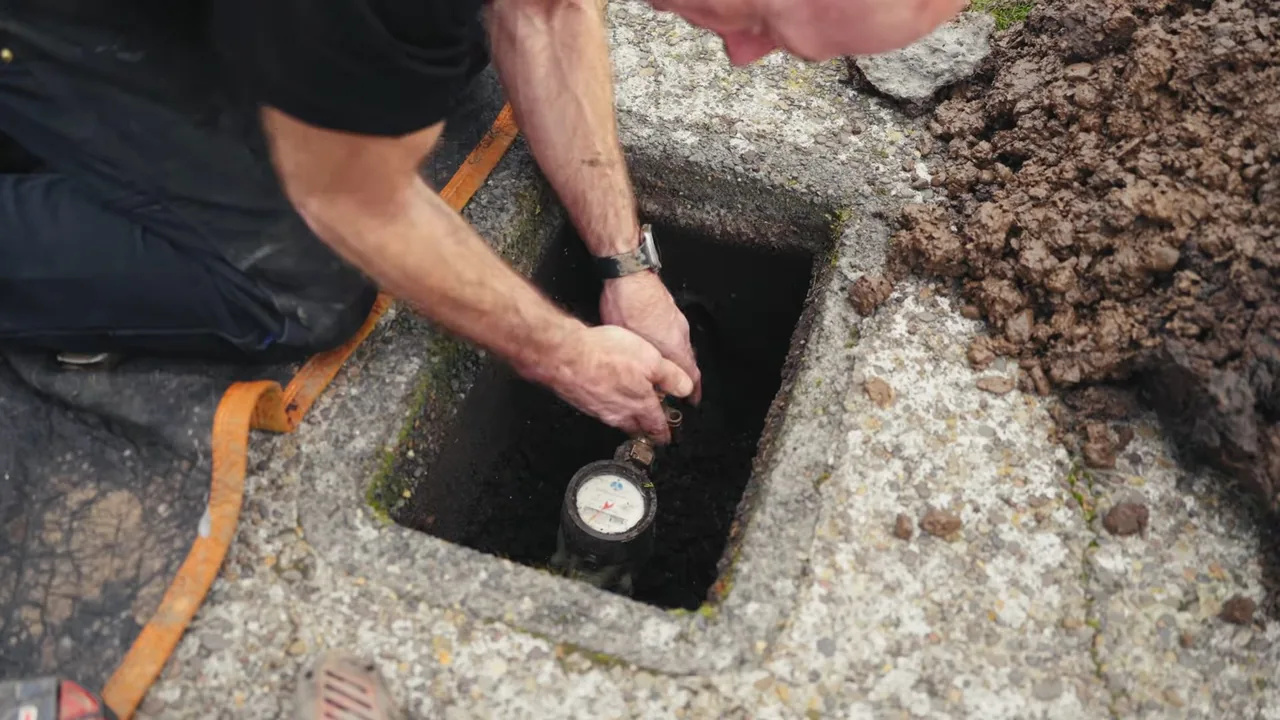 A technician leaning over an open in-ground box and reaching down to the water meter.