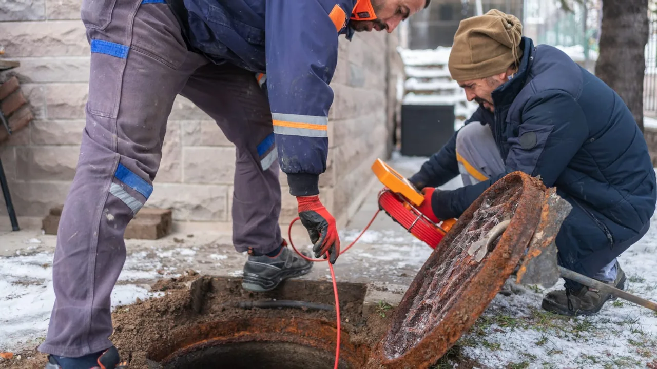 Two workers in winter jackets beside an open round access cover in a yard, feeding an orange cable down into it.